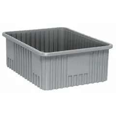 This standard divider box is constructed of gray plastic with a 1.39 cu ft capacity and dimensions of 22 1/2 in x 17 1/2 in x 8 in. It is designed for organizing and storing small parts, tools, or components in industrial warehouses, workshops, and manufacturing facilities where electrostatic discharge protection is not required. The box does not include dividers or a lid and is not nesting capable.