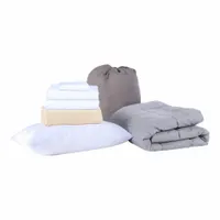 This bedding set includes a silver-colored, 100% cotton sheet with T200 thread count, designed to fit XL Twin mattresses. The set also contains two Martex Basics Pillows. Suitable for residential or institutional sleeping quarters