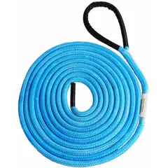 Fixed-length rope sling made of HMPE with a 5/8 in rope diameter and 30 ft length. Blue color. Working load limit of 6,120 lb. Used for lifting and rigging in industrial settings such as construction, manufacturing, and maintenance.