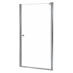 Frameless pivot shower door with brushed nickel finish. Overall height 72 inches, accommodates door widths from 32-1/2 to 34-1/2 inches. Designed for use as a shower enclosure in residential or commercial settings.