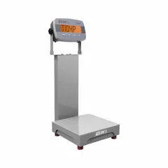 This bench scale features a carbon steel weighing surface and a column-mounted indicator with IP54 protection, suitable for dry, dusty environments. Readability is 0.005 kg/5 g/0.01 lb/0.16 oz. An RS-232 port allows data transfer to external devices. Typical applications include industrial weighing tasks in manufacturing and warehousing.