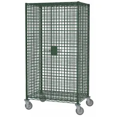 Green antimicrobial wire security cart with 900 lb capacity. Overall dimensions 41 in L x 22 in W x 69 in H; self 36 in L x 18 in W. Features adjustable shelf type (shelves not included), side pedal brake casters, and (2) swivel with brake configuration. Suitable for secure transport and storage in environments requiring hygiene and theft protection.