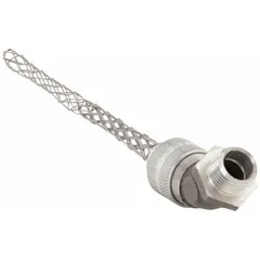 This 45° metallic cord grip with mesh provides strain relief and liquid-tight sealing for cables. The aluminum body with stainless steel external strain relief accommodates cord diameters from 0.38 in to 0.50 in. It features a 1/2 in MNPT box connection and is rated Class I, Division 2 for hazardous locations.