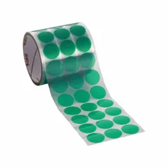 Polyester film masking tape discs for high-temperature applications. Each disc is 1-1/4 inches in diameter with a 2 mil thickness, supplied in a 500-piece pack. The tape has a width of 1-3/4 inches and a length of 72 yards. Suitable for masking during powder coating, plating, and other finishing processes where heat and chemical resistance is required.