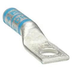 One-hole compression lug for terminating 6 AWG stranded copper wire. Features a long copper barrel for full-crimp coverage and a 1/4 in stud size. Suitable for use in electrical panels, switchgear, and power distribution systems.