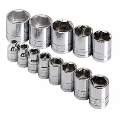 This 13-piece socket set includes 6-point SAE sockets in sizes from 1/4 in to 1 in with a 3/8 in drive. The sockets feature a friction ball retainer for secure attachment. Suitable for tightening and loosening hex fasteners in automotive, industrial, and general mechanical applications.