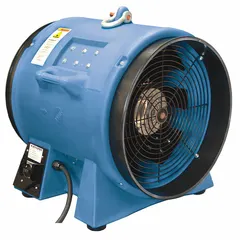 This axial fan delivers 9,968 cfm max flow in free air for ventilating confined spaces such as manholes, tanks, and vaults. It features a 20-inch duct diameter, a 5 hp motor operating at 240 V AC, and includes a Low Profile Manhole Air Vent. Suitable for removing fumes and supplying fresh air in industrial and municipal settings.