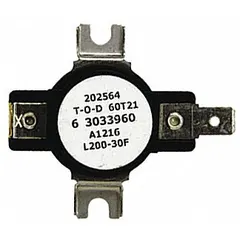 High limit thermostat for washing machines and dryers. Functions as a safety device that interrupts power when internal temperatures exceed a set threshold, preventing overheating. Meets OEM specifications for temperature regulation.