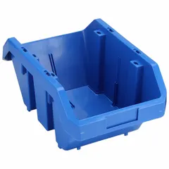 This blue plastic bin measures 9 1/4 in x 14 in x 6 1/2 in and includes a label holder. Its cross-stacking design enables stable vertical stacking without lids, suitable for organizing small parts, components, or tools in industrial and workshop environments. The bin is not electrostatic discharge conductive and contains 0% recycled content.