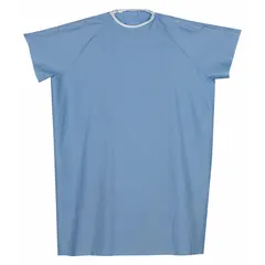 This snap closure gown is made from a cotton/polyester blend, offering a durable and washable barrier for use in healthcare or hospitality settings. The blue color and snap design facilitate easy application and removal. Suitable for protecting patients and furnishings during care or extended stays.