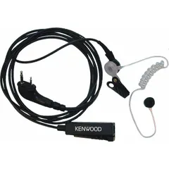 This KENWOOD earpiece is designed for use with NX-P1000 series two-way radios. It features a clear earbud, two wires, and a push-to-talk button for convenient communication. The two-pin connector ensures secure attachment to compatible radios.