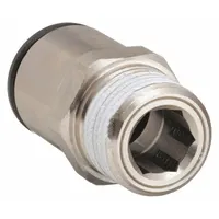 This push-to-connect tube fitting connects 12 mm OD tubing to 3/8 in male NPT pipe threads. Made of nickel-plated brass with a silver finish, it is suitable for pneumatic or low-pressure fluid systems. Supplied in a 10-pack