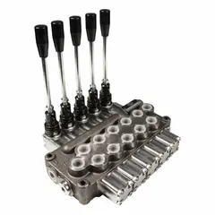 This four-way, three-position manual spool monoblock valve features a Tandem Center spool type with Spring Center return. It is used for directional control of hydraulic fluid in mobile and industrial equipment such as loaders, lifts, and agricultural machinery.