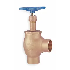 This bronze angle-body globe valve is designed for general service applications including compressed air, gas, steam, and water. The angle body allows flow regulation in piping layouts requiring a 90-degree turn. It features a rising stem and a 1/2 in pipe size.