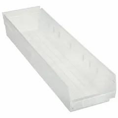 This clear plastic shelf bin is designed for organizing small parts and inventory in warehouses, workshops, and stockrooms. The bin measures 6 5/8 in x 4 in with an overall length of 23 5/8 in. It is nesting capable for efficient storage when not in use. Dividers are not included.