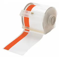 Continuous vinyl label roll, 4 in x 100 ft, in orange (gloss) and white (gloss), rated for outdoor use. Compatible with GlobalMark printer series. Used for on-demand industrial labeling such as asset identification, safety warnings, and pipe marking.