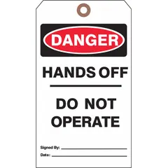 White single-part danger tags with cotton string fastener. Legend reads 'Danger/Hands Off Do Not Operate' on one side and 'Danger/Do Not Remove This Tag' on the other. Supplied in packs of 25 for use in machine and operational lockout/tagout procedures.