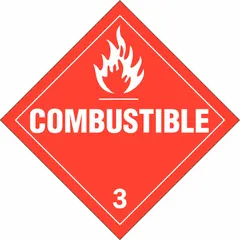 This BRADY placard measures 10 3/4 in x 10 3/4 in with a label height of 10 3/4 in and displays the message 'Combustible 3'. It is used to identify containers holding Class 3 flammable liquids during shipping and storage, meeting DOT hazard communication requirements.