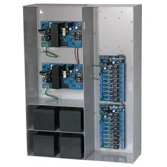 This power supply board with steel enclosure accepts 115V AC input and delivers 24V DC at 7A. It is used to provide regulated power for industrial control systems, security equipment, and access control installations.
