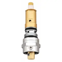 This replacement disc faucet cartridge is constructed of brass with a chrome finish and features a ceramic disc mechanism. It has an overall length of 5 inches and is designed for use with hot and cold water. Suitable for use in kitchen or bathroom faucets requiring a 5-inch cartridge.