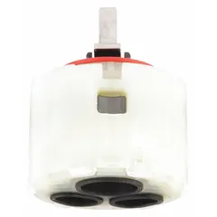 This plastic compression faucet cartridge is designed for use with American Standard The Reliant series faucets. It controls both hot and cold water flow and includes seat washers for installation. Commonly used as a replacement part in residential and commercial plumbing maintenance to restore proper faucet operation.