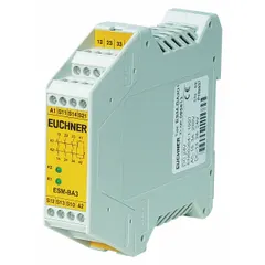 DIN-rail mounted safety monitoring relay with 16 terminals, operating on 24V AC/DC. Features 5 inputs and one normally closed (NC) auxiliary output contact. Used to monitor safety circuits in industrial machinery, such as emergency stops and interlock switches.