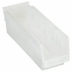 This clear plastic shelf bin measures 4 1/8 in x 4 in with an overall length of 11 5/8 in. It is nesting capable for space-saving storage when empty. Suitable for organizing small parts, components, and hardware on industrial shelving, in warehouses, and workshops. Not electrostatic discharge conductive and does not include dividers.
