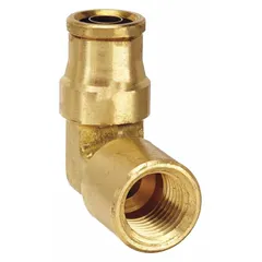 This brass adapter elbow features a push-to-connect fitting on one end for 1/2 in OD tubing and a 3/8 in NPTF female thread on the other. It is used in air brake systems and other pneumatic circuits to create a leak-resistant, vibration-dampened joint without tools. The NPTF thread seals without tape or dope.