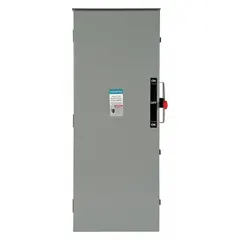 This non-fusible safety switch is rated for 200 A, single phase, 240V AC. It features a galvanized steel enclosure suitable for both indoor and outdoor installations. Used for disconnecting electrical power in industrial and commercial applications.