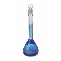 This 25 mL glass volumetric flask features a conical shape and colorless body. It meets Class A tolerance of +/-0.06 mL and USP Type I specifications. The flask includes a closure and is compatible with stopper size 9. Used for precise liquid measurement and dilution in analytical chemistry and laboratory applications.