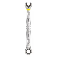 This 10 mm metric spline ratcheting combination wrench is made of alloy steel with a nickel chrome finish. It features a reversing mechanism and has an overall length of 6 1/4 inches. Typical applications include tightening and loosening fasteners in industrial maintenance, automotive repair, and mechanical assembly.