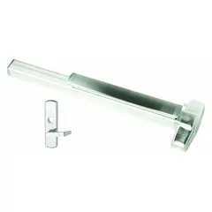 Mortise exit device with touchbar style and lever outside trim, constructed of aluminum. Designed for doors up to 3 ft wide, this unit is ADA compliant for accessible egress. Suitable for commercial applications requiring push-pad operation.