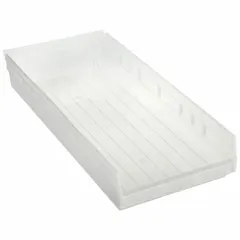 This clear plastic shelf bin measures 11 1/8 in x 4 in with an overall length of 23 5/8 in. It is nesting capable for space-saving storage when empty and allows visual identification of contents. Suitable for organizing small parts and components in warehouses, workshops, and retail backrooms.