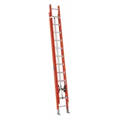 The LOUISVILLE LADDER FE7224 is a 24 ft non-conductive fiberglass extension ladder with a 300 lb load capacity. It features a fixed fly, orange finish, and includes a rope and pulley system for operation. Weighing 54 lb, this ladder is suited for tasks requiring electrical safety at height, such as maintenance and construction.