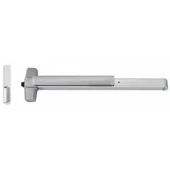Rim-type exit device with touchbar for doors up to 3 ft wide. Aluminum construction with dummy pull outside trim. ADA compliant. Suitable for commercial egress applications requiring panic hardware.