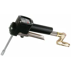 Analog metered manual dispense gun with 1/4 inch FNPT connection. Designed for controlled manual dispensing of fluids from drums or barrels. Suitable for industrial fluid handling, chemical transfer, and lubrication systems requiring precise metered dispensing.