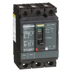 3-pole molded case circuit breaker rated 100 A with 65kA interrupting capacity at 240V AC. Fixed mounting with line/load lug terminations and ABC phase configuration. Suitable for overcurrent protection in industrial electrical panels and machinery.