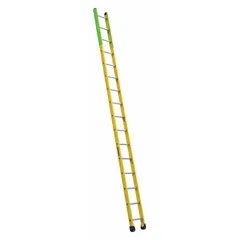This 16 ft straight ladder is constructed of non-conductive fiberglass, making it suitable for electrical work and manhole access. It features slip-resistant shoes and side rail bumpers for stability. Rated for 375 lb load capacity, it weighs 34 lb and is colored green.