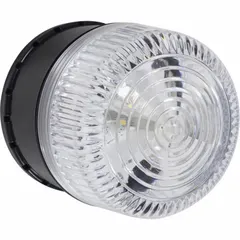 Wall-mount siren alarm with integrated LED strobe light. Operates on 9 to 24V DC and offers 32 selectable sounds for distinct alert signaling. Overall length 3 23/32 inches. Suitable for use in facilities, plants, or commercial buildings for safety and security warnings.