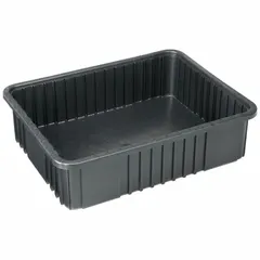 This plastic ESD static-control divider box is designed to organize and protect sensitive electronic components from electrostatic discharge. With dimensions of 22 1/2 in x 17 1/2 in x 6 in and a black finish, it is suitable for use in manufacturing, assembly, and storage environments. Lid and dividers are not included.