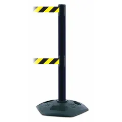 This pattern retractable belt post barrier features a black plastic post with a rubber base and a 13 ft black/yellow retractable belt with chevron pattern and no legend. It is used for managing pedestrian traffic, cordoning off restricted areas, and creating safety barriers in industrial, warehouse, and public settings.