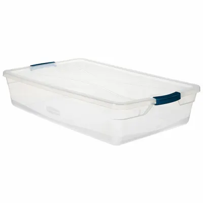 RUBBERMAID Storage Tote: 10.3 gal, 29 in x 17 3/4 in x 6 1/8 in, Clear Body, Clear Lid - Clearview Totes with Latch-On Lids
