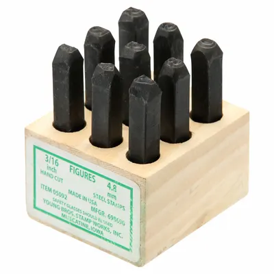 YOUNG BROS. STAMP WORKS Hand Stamp Kit: 0 thru 9 (6 doubles as 9), 1/8 in Character Ht, Steel - Precision-Ground Sharp-Face Hand Stamps