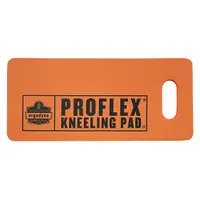 Foam kneeling pad measuring 8 in x 18 in with a 1 in thickness. Orange color with a cutout handle for easy transport. Provides cushioning for tasks such as flooring installation, gardening, or maintenance work