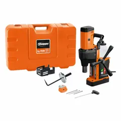 Standard magnetic drill press with electric magnet for anchoring to ferrous surfaces. Fixed 620 RPM speed, 4 3/16 in drill travel, and 120V AC power. Suitable for drilling in structural steel, beams, and heavy plate in metalworking applications.