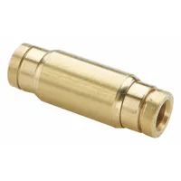 Brass push-to-connect union fitting with 1/4 in OD tube connections on both ends. Used to join two tubes in pneumatic systems, providing a secure, leak-free connection without tools. Suitable for air brake and general pneumatic circuits