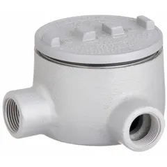 Aluminum L-shaped conduit outlet body with 90° elbow, 3/4 in trade size, threaded female hubs, and 18 cu in body capacity. Powder-coated finish, includes grounding screw. For use with threaded IMC in hazardous locations. CSA C22.2 No. 25 certified.
