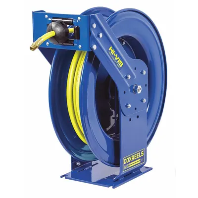 COXREELS Spring Return Hose Reel: 100 ft (1/2 in I.D.), 1/2 in MNPT, 300 psi Max Op Pressure - High-Visibility Truck-Mount Air or Water Spring-Return Hose Reels
