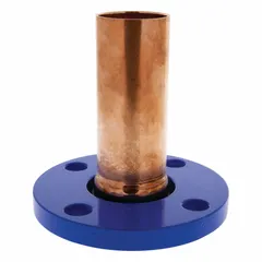 This NIBCO Press System fitting is a copper flange adapter with a 2 in CTS press-fit connection on one end and a 2 in pipe size flange on the other. It is used to transition from copper tube to a flanged component in plumbing and mechanical systems, providing a leak-proof joint without soldering or threading.