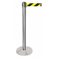QUEUEWAY Barrier Post with Belt: Black/Yellow, Chevron, No Legend, 10 ft Belt Lg, Silver (MPN QPLUS-1P-D4)